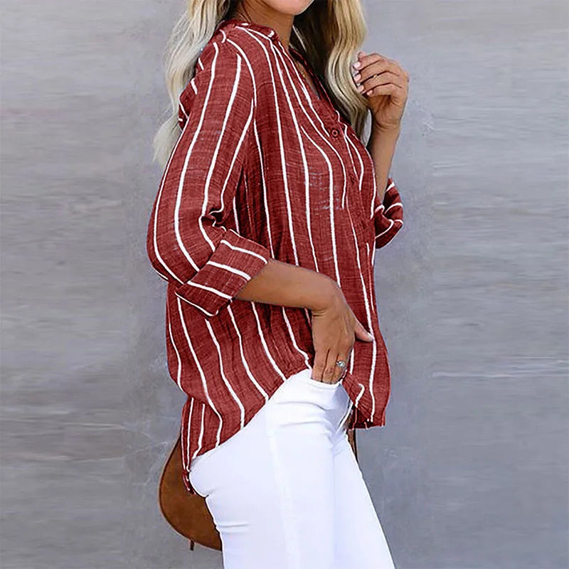 Vrouwelijke Blouse Gestreept Met Knopen Elegant → Gestreepte Blouse voor Vrouw Met Knopen Klassiek - StudioMarella