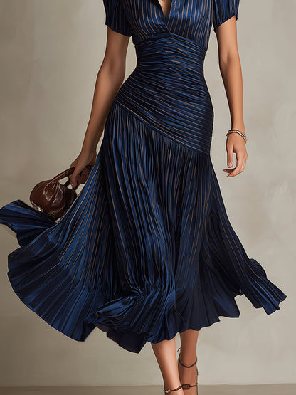 DamesJurk Satijnen Midi Strepen Plooien Elegante Jurk voor Vrouw