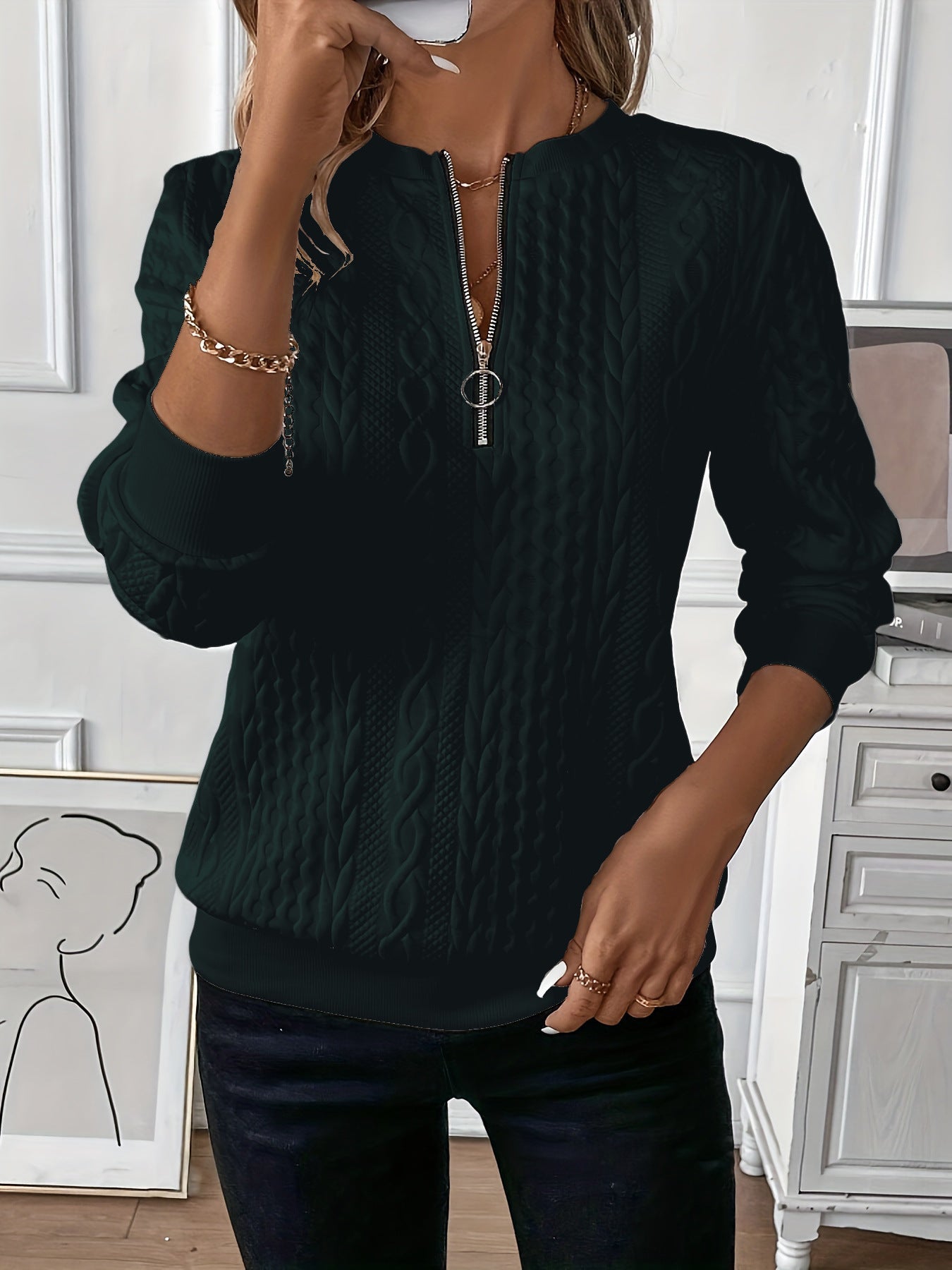 Dames Sweater Top met Rits en Kabel Brei Patroon