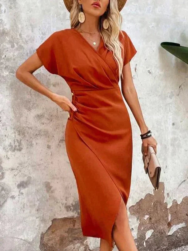 Dames Zomerjurk Satijn Midi V-Hals Elegant