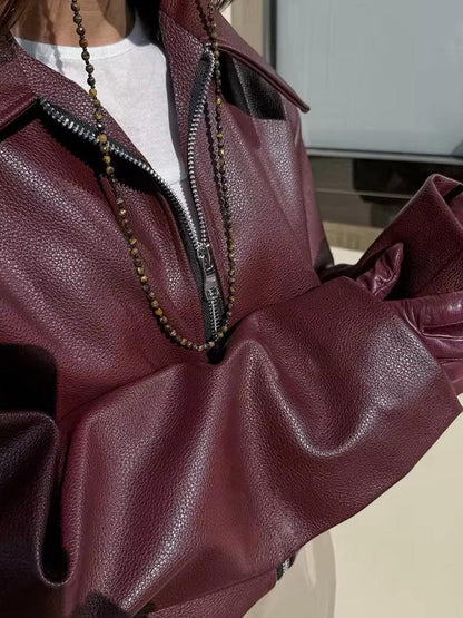 Leren Jas Dames Burgundy Rood Bontlook