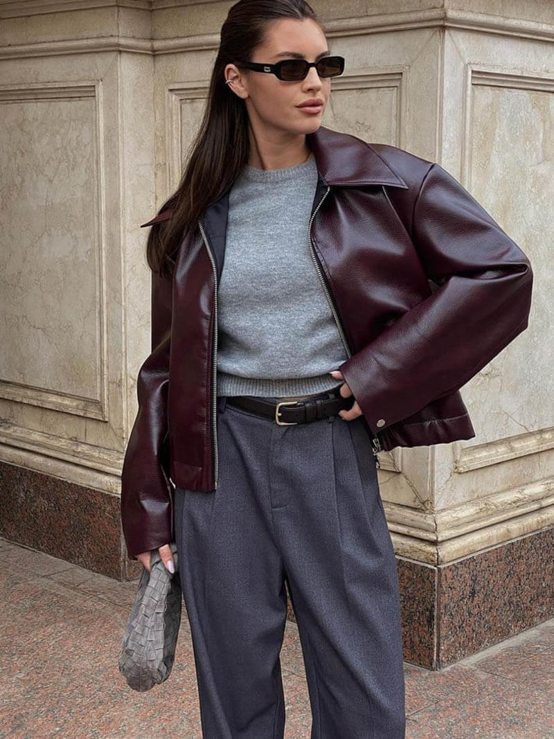 Leren Jas Dames Burgundy Rood Bontlook