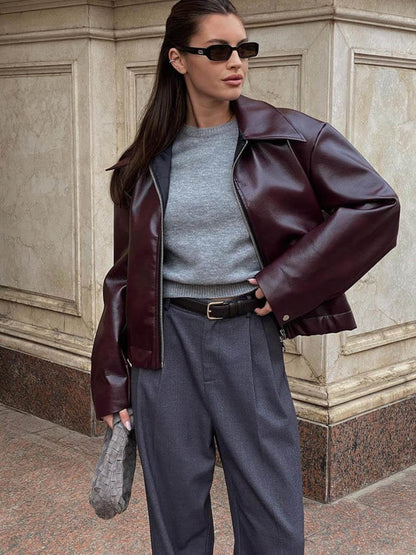 Leren Jas Dames Burgundy Rood Bontlook