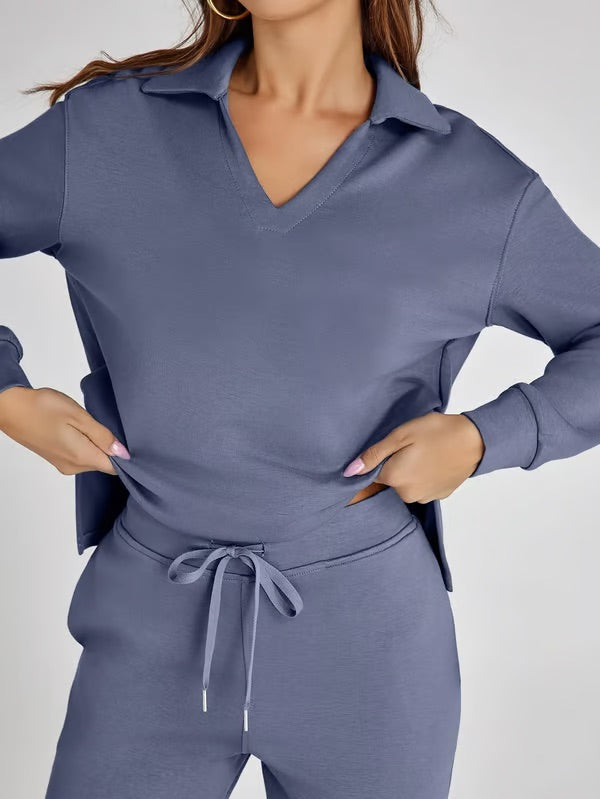 Dames Herfst Outfit: Warme Tweedelige Set met V-Hals Trui en Wijde Broek