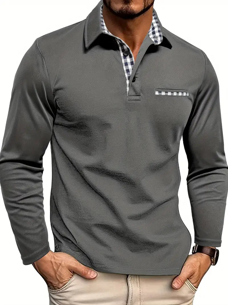Heren Poloshirt Longsleeve Met Contrastkraag en Borstzak - StudioMarella