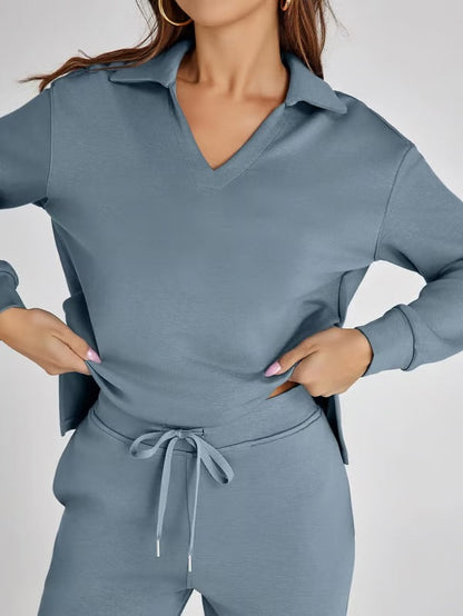 Dames Herfst Outfit: Warme Tweedelige Set met V-Hals Trui en Wijde Broek