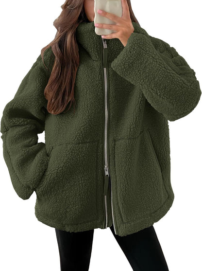 Dames Fleece Jas Warm met Hoge Kraag en Zakken Zwart