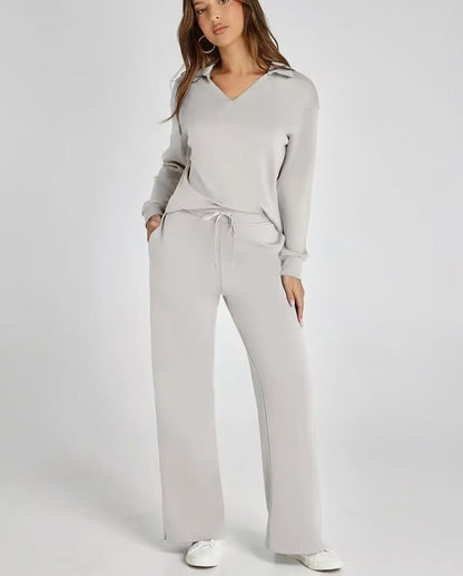 Dames 2-Delige Set met V-Hals Sweatshirt en Wijde Joggingbroek