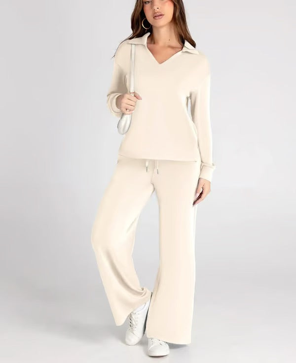 Dames Herfst Outfit: Warme Tweedelige Set met V-Hals Trui en Wijde Broek