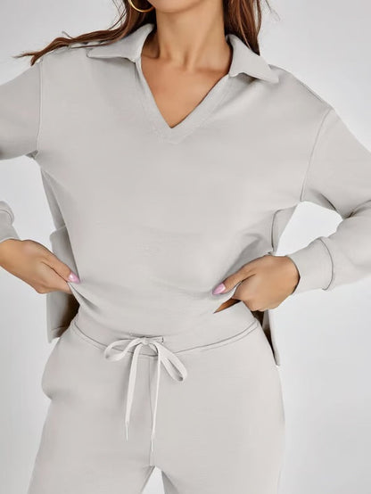 Dames 2-Delige Set met V-Hals Sweatshirt en Wijde Joggingbroek