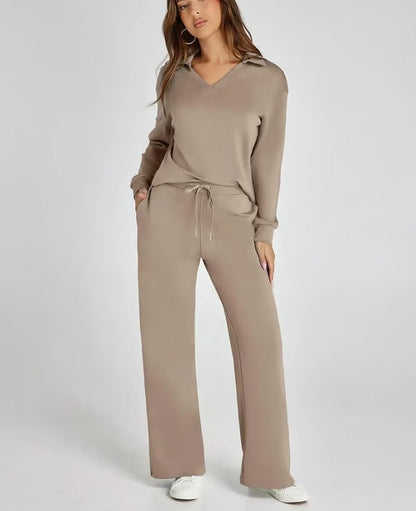 Dames Herfst Outfit: Warme Tweedelige Set met V-Hals Trui en Wijde Broek