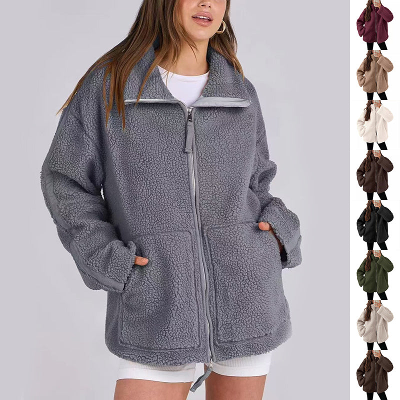 Dames Fleece Jas Warm met Hoge Kraag en Zakken Zwart