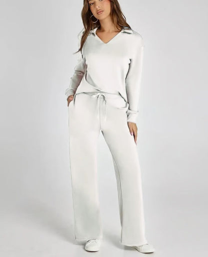 Dames Herfst Outfit: Warme Tweedelige Set met V-Hals Trui en Wijde Broek