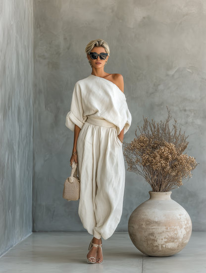 Dames Linnen Set Off-shoulder en Broek
