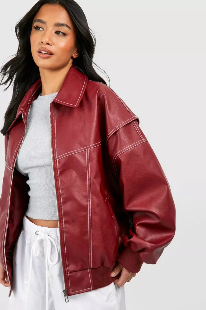 Oversized Leren Jas Rood Dames