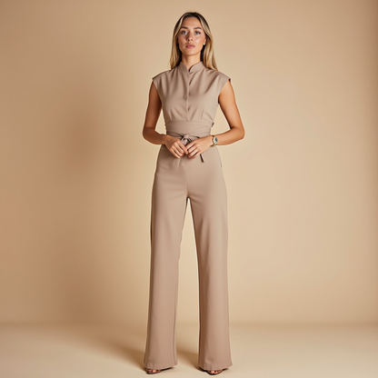 Mouwloze Jumpsuit Zomerjurk met Ceintuur en Hoge Kraag