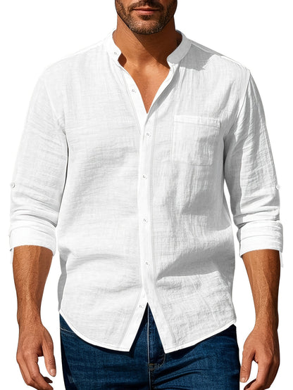 Heren Linnen Overhemd met Mao Kraag Casual Fit - StudioMarella