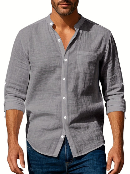 Heren Linnen Overhemd met Mao Kraag Casual Fit