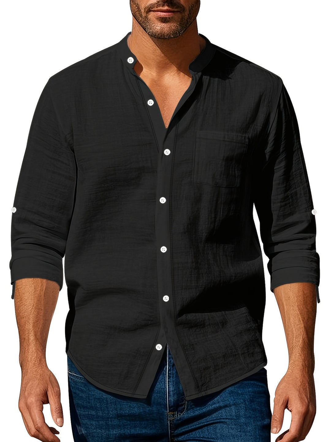 Heren Linnen Overhemd met Mao Kraag Casual Fit