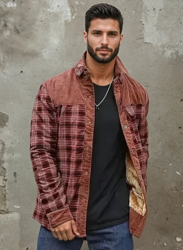 Heren Jas Geruit Fleece Lederlook met Kraag