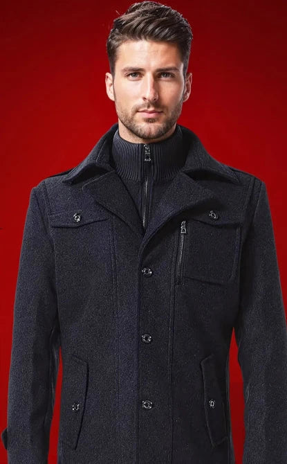 Heren Trenchcoat Wollen Waterdicht met Afneembare Kraag