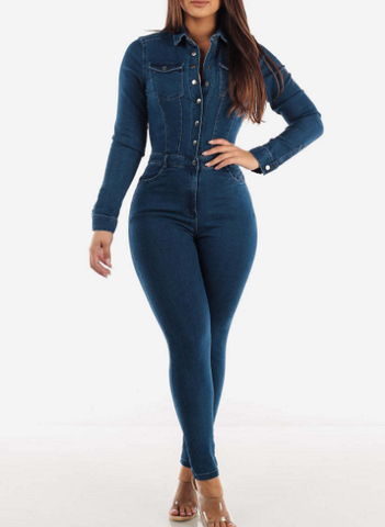 Donkergrijze Jumpsuit van Jeans met Ceintuur voor Vrouw - StudioMarella