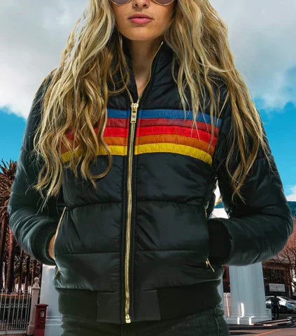 Dames Pufferjas Warm en Stijlvol – Retro Winterjas Colorblock