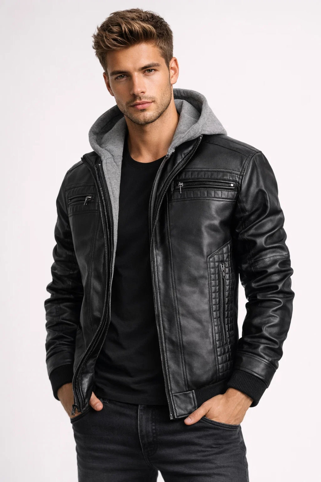 Leren Biker Jas Heren met Capuchon en Gewatteerd - StudioMarella
