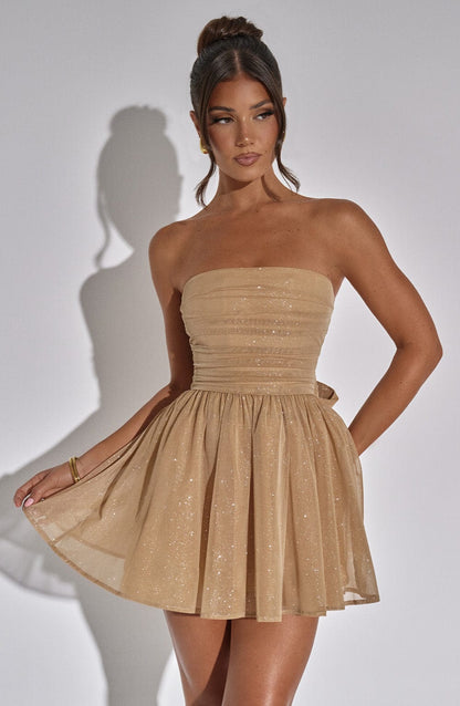 Korte Feestjurk met Glitter Rok Mini Jurk