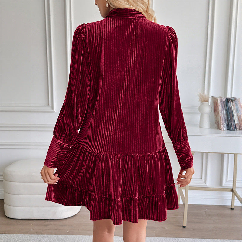 Dames Minijurk Velvet Lange Mouwen met Strik