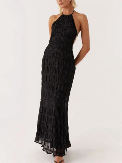 Elegante Maxi-Jurk met Open Rug en Halterhals