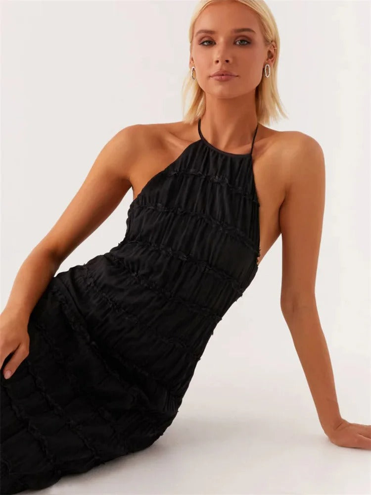 Elegante Maxi-Jurk met Open Rug en Halterhals