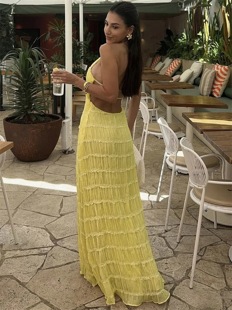 Elegante Maxi-Jurk met Open Rug en Halterhals
