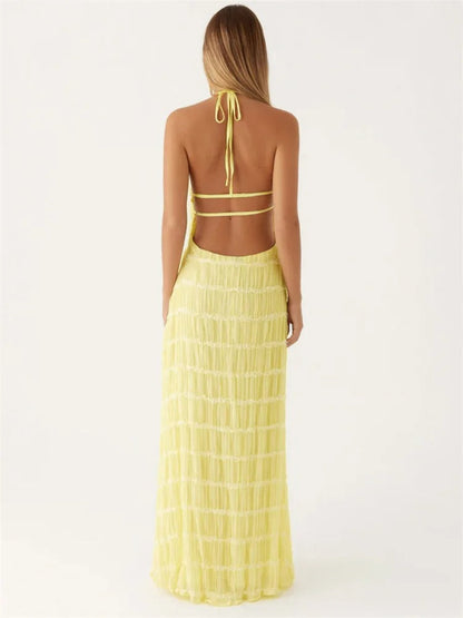 Elegante Maxi-Jurk met Open Rug en Halterhals