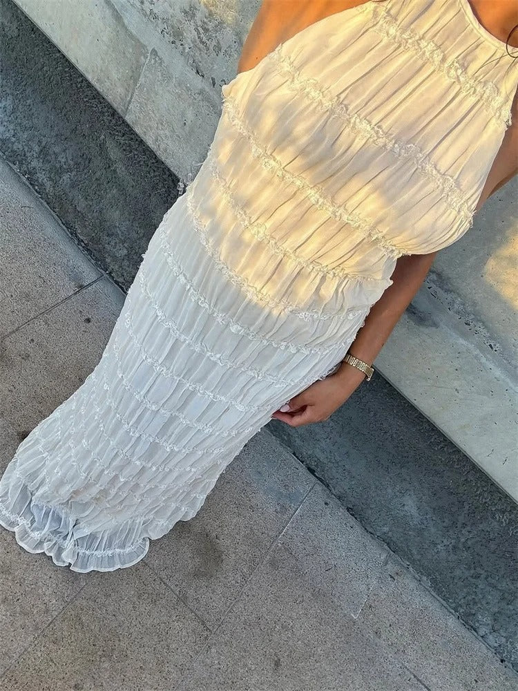 Elegante Maxi-Jurk met Open Rug en Halterhals