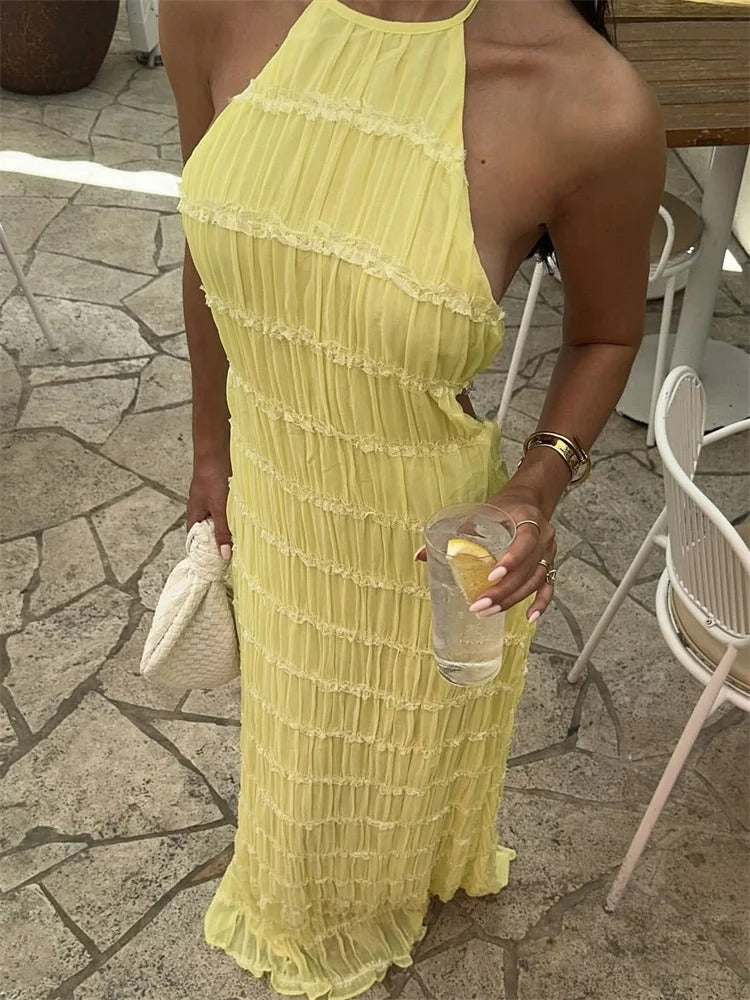 Elegante Maxi-Jurk met Open Rug en Halterhals
