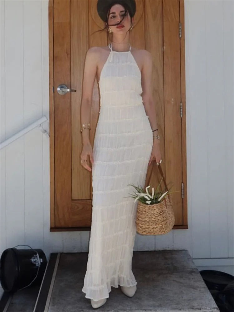 Elegante Maxi-Jurk met Open Rug en Halterhals