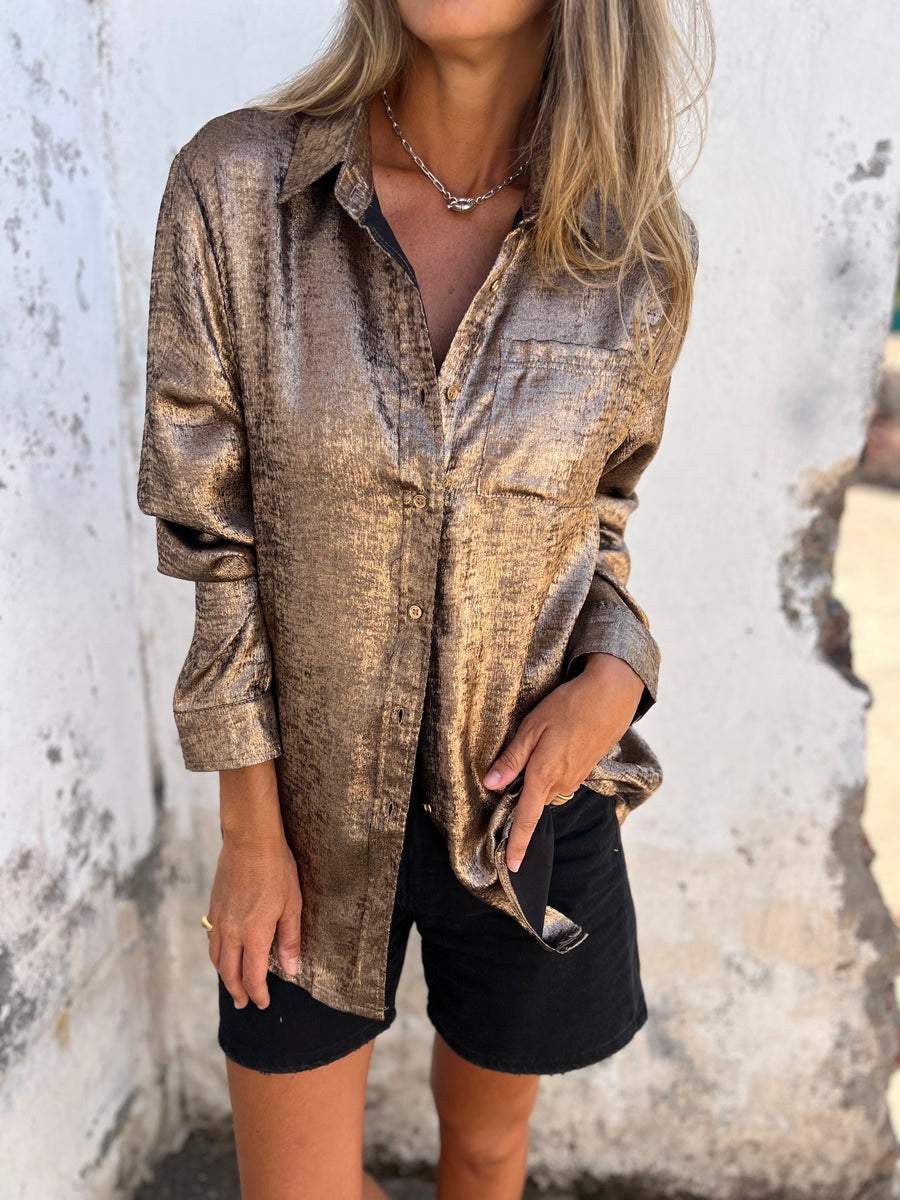 Dames Blouse Oversized met Glanzende Stof en Relaxt Design