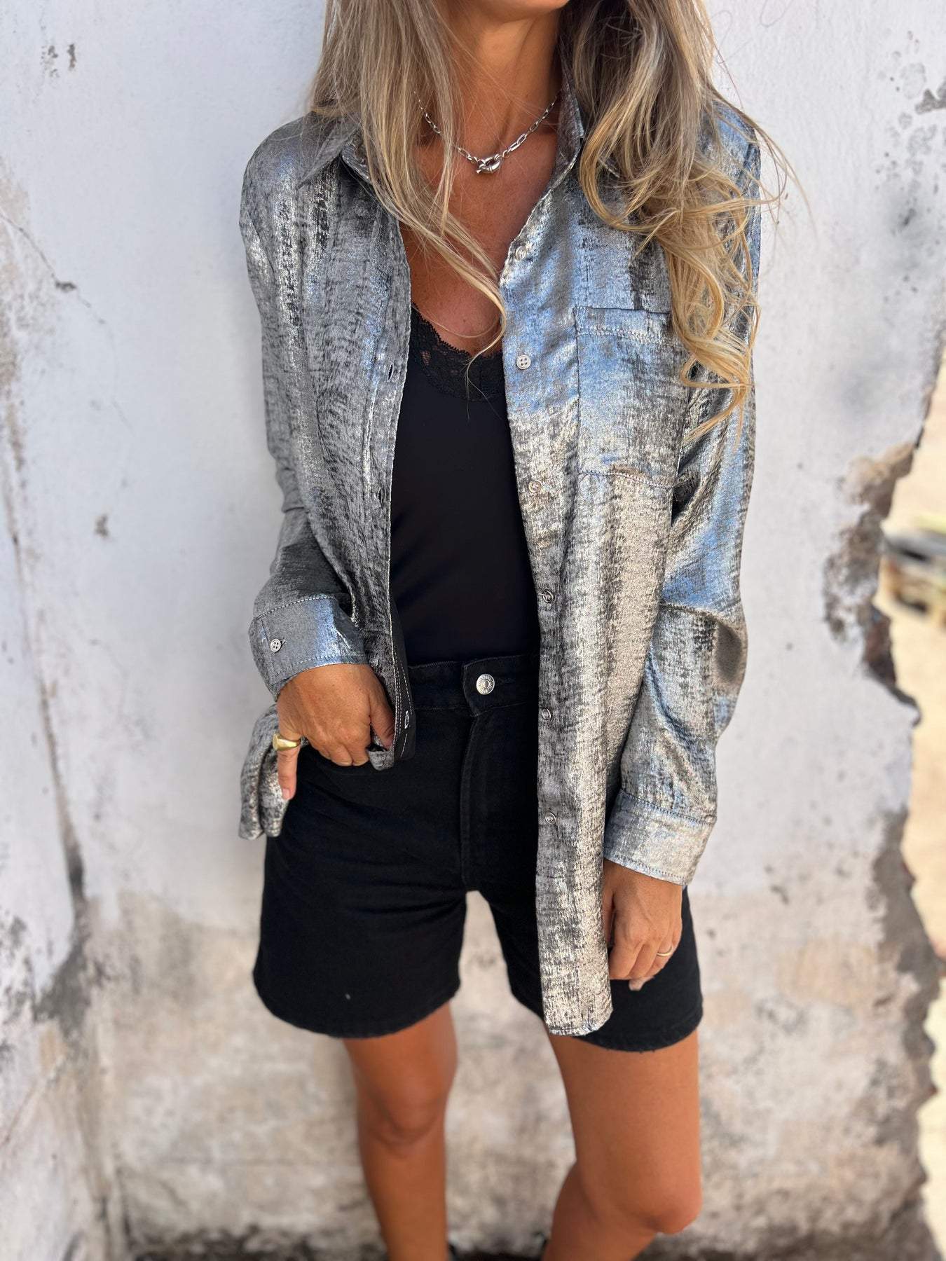 Dames Blouse Oversized met Glanzende Stof en Relaxt Design