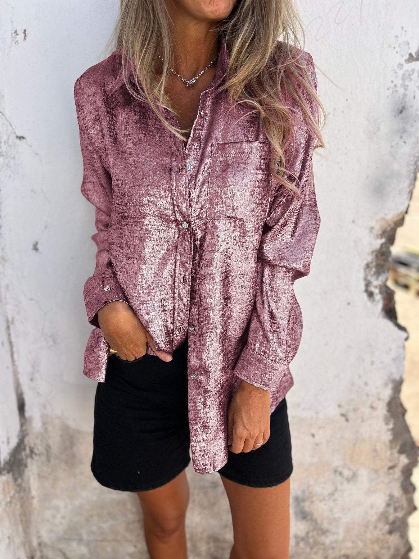 Dames Blouse Oversized met Glanzende Stof en Relaxt Design