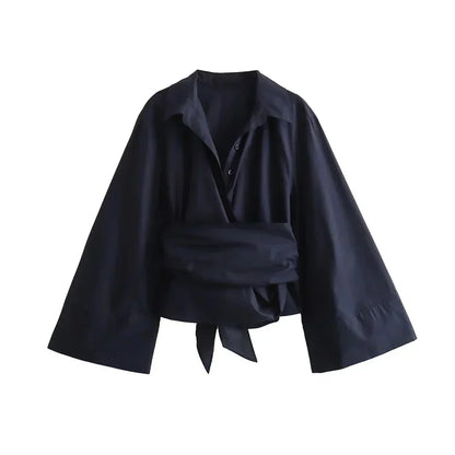 Vrouwelijke Kimono Blouse met Brede Strik en V-Neck