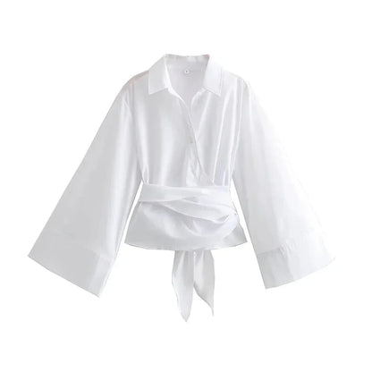 Vrouwelijke Kimono Blouse met Brede Strik en V-Neck