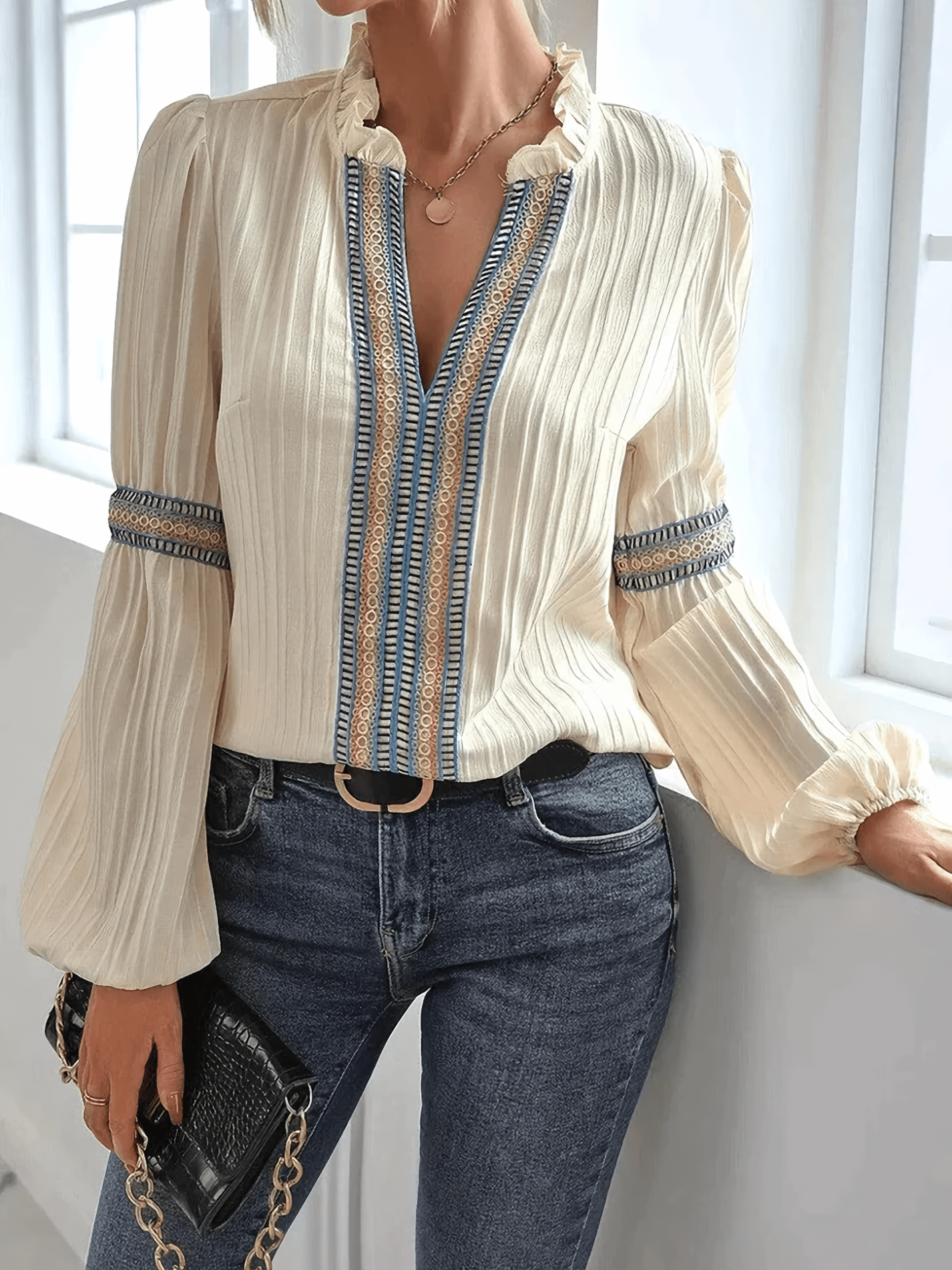 Dames Blouse Lange Mouwen Fijne Plooien Elegant