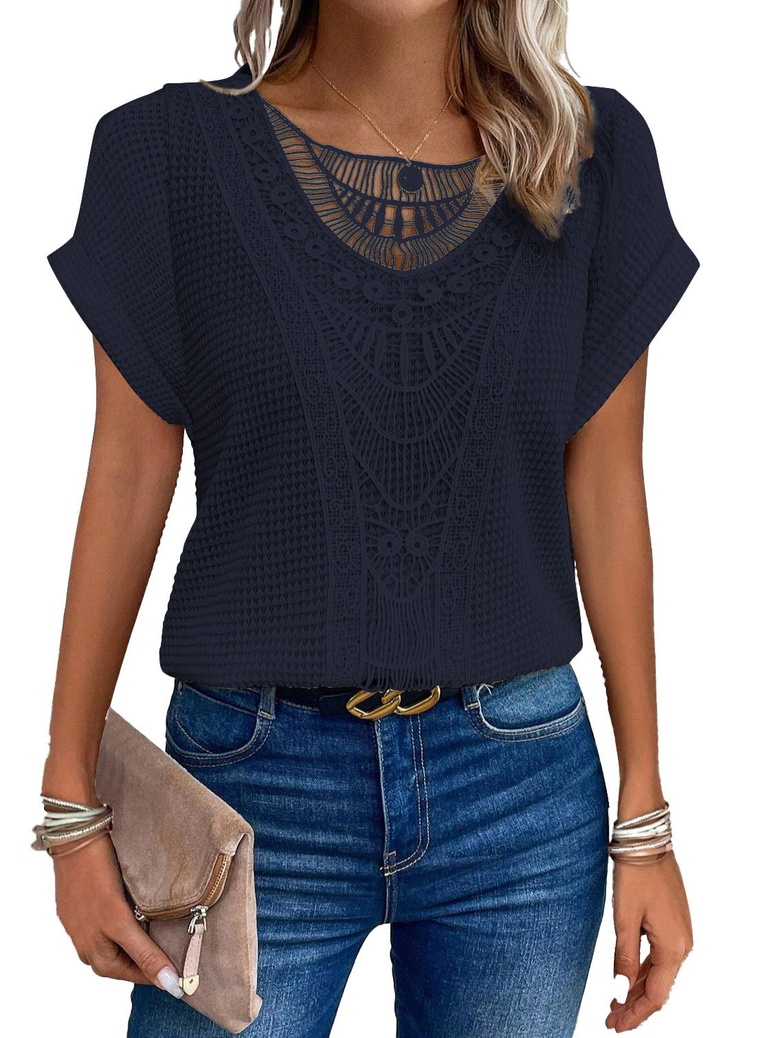 Dames Top Gehaakt met Kant Korte Mouwen Zomermode