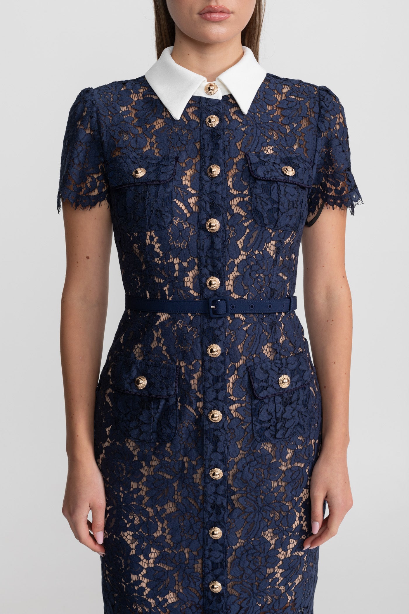 Midi Jurk Dames Marineblauw Bloemenkant met Kraag en Ceintuur