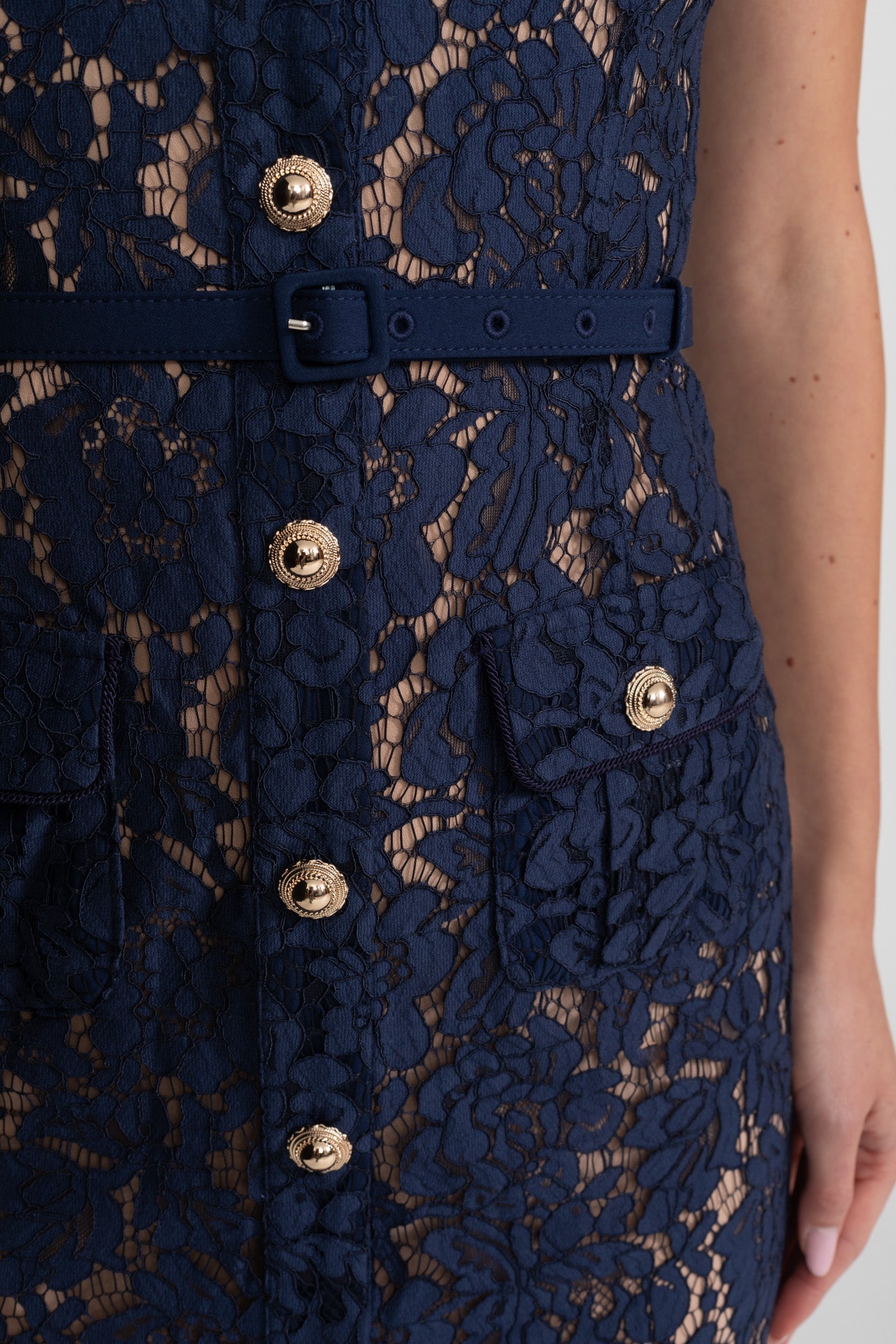 Midi Jurk Dames Marineblauw Bloemenkant met Kraag en Ceintuur
