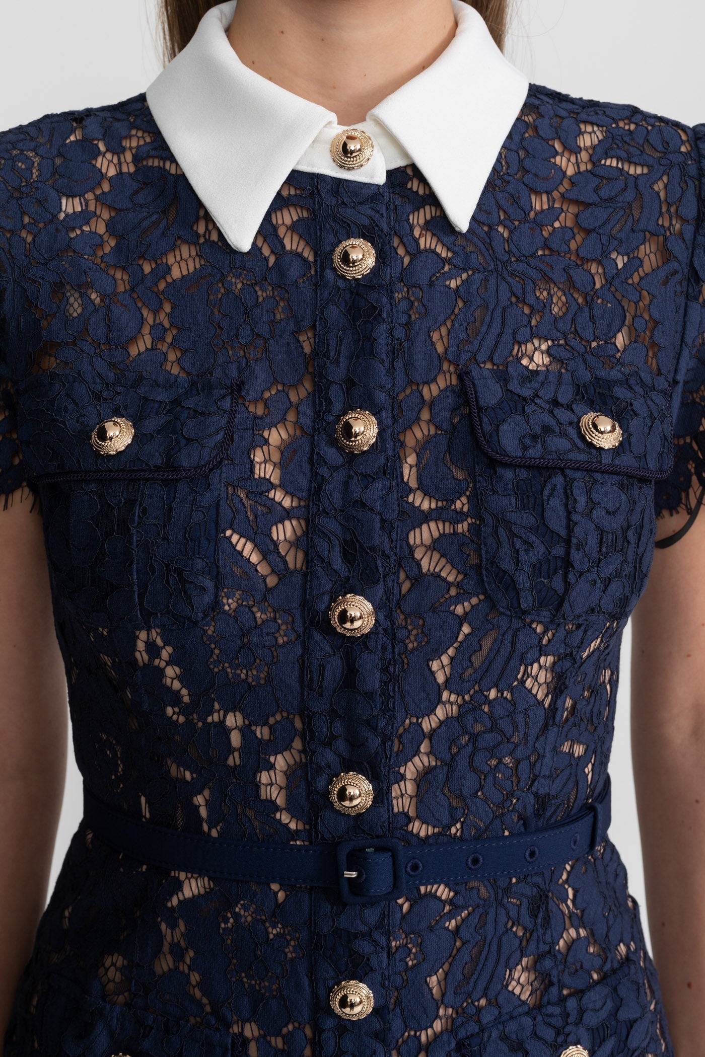 Midi Jurk Dames Marineblauw Bloemenkant met Kraag en Ceintuur