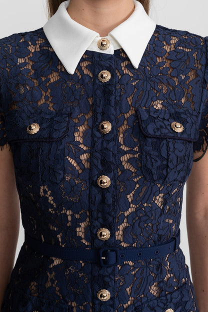 Midi Jurk Dames Marineblauw Bloemenkant met Kraag en Ceintuur