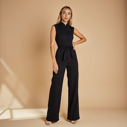 Mouwloze Jumpsuit Zomerjurk met Ceintuur en Hoge Kraag