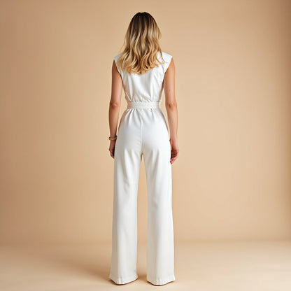 Mouwloze Jumpsuit Zomerjurk met Ceintuur en Hoge Kraag